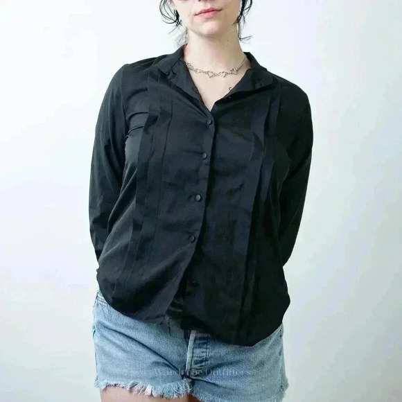 Vintage 90s Sheer Black Pleated Button Down Blouse - Picture 7 of 8